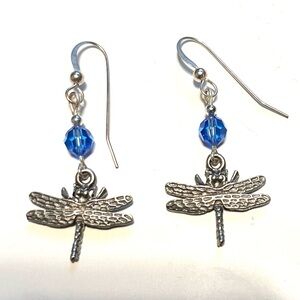 Silvertone Dragonfly Earrings with Blue Accents